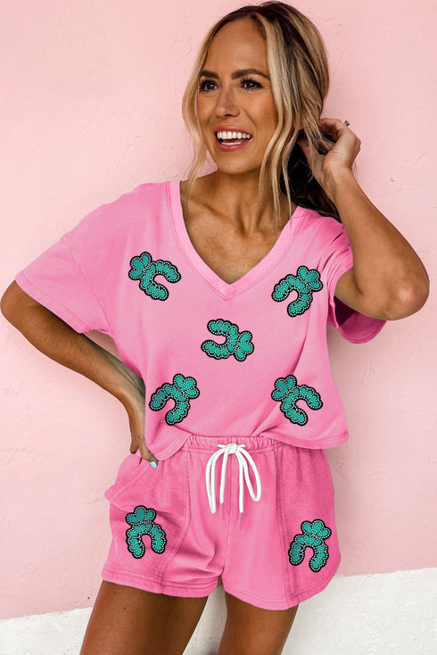 Sparkling Sequin Cactus Patch V Neck Top And Shorts Lounge Set